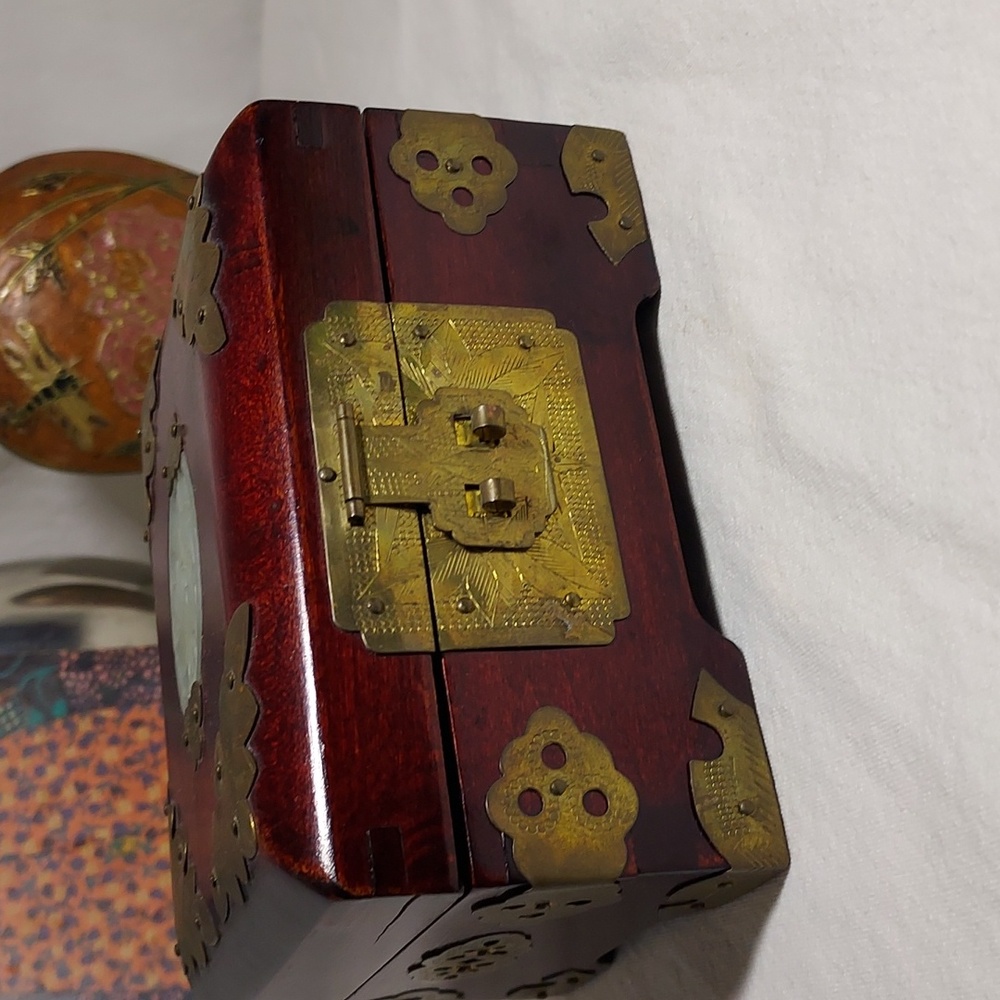 Vintage Rosewood wood carved jewelry box Brass detail & Satin lining